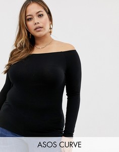 Черный топ с открытыми плечами и длинными рукавами ASOS DESIGN Curve