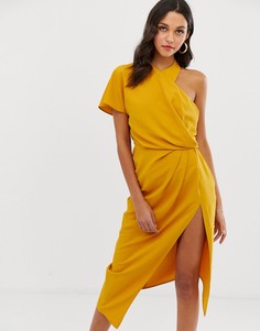 Платье миди с асимметричным вырезом и драпировкой ASOS DESIGN-Желтый