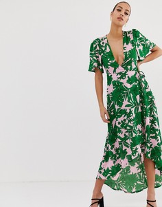 Зеленое платье миди с тропическим пальмовым принтом и глубоким вырезом Missguided-Мульти