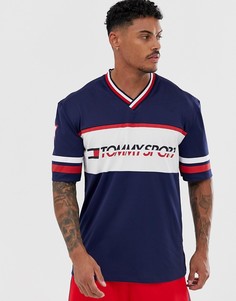 Темно-синяя oversize-футболка с принтом на груди и полосками на рукавах Tommy Sport-Темно-синий