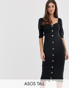 Льняное платье миди на пуговицах с вырезом сердечком ASOS DESIGN Tall-Черный