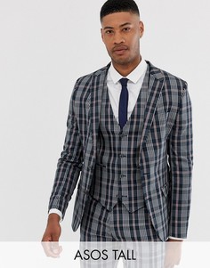 Темно-синий пиджак скинни в клетку тартан ASOS DESIGN Tall