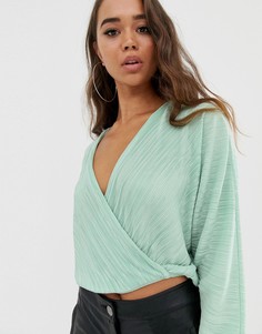 Плиссированный топ с запахом и рукавами \летучая мышь\" ASOS DESIGN-Зеленый