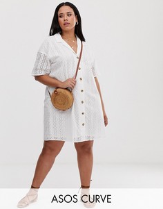 Платье-рубашка мини с вышивкой ришелье и пуговицами ASOS DESIGN Curve-Белый