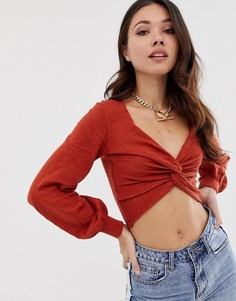 Меланжевый джемпер с перекрутом и пышными рукавами на манжетах ASOS DESIGN-Красный