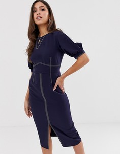 Платье миди с контрастными строчками и объемными рукавами ASOS DESIGN-Темно-синий