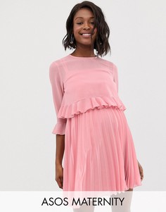 Двухслойное плиссированное платье мини ASOS DESIGN Maternity-Розовый