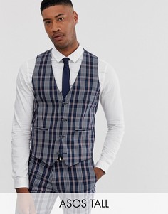 Темно-синий приталенный жилет с принтом тартан ASOS DESIGN Tall Wedding