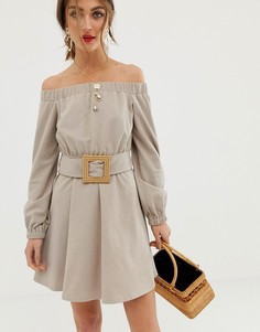 Фактурное платье мини с открытыми плечами и поясом ASOS DESIGN-Бежевый