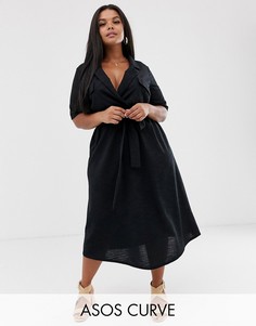 Меланжевое платье-рубашка миди с ремнем ASOS DESIGN Curve-Черный