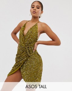 Платье мини с пайетками и роговой пряжкой ASOS DESIGN Tall-Коричневый