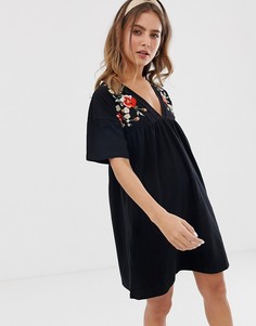 Свободное хлопковое платье с вышивкой ASOS DESIGN-Черный