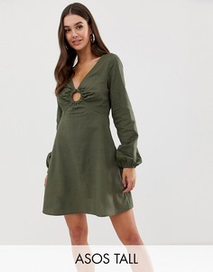 Короткое приталенное платье из льна с черепаховым кольцом ASOS DESIGN Tall-Зеленый