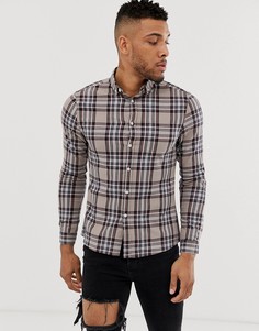 Бежевая зауженная рубашка в клетку ASOS DESIGN-Коричневый