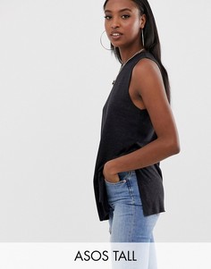 Черный топ без рукавов с добавлением льна и разрезами по бокам ASOS DESIGN Tall