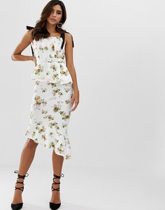Платье-футляр миди с плиссировкой на лифе и поясом ASOS DESIGN-Мульти