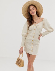 Присборенное платье мини на пуговицах из ткани с добавлением льна ASOS DESIGN-Кремовый