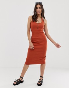 Платье миди в рубчик с бретелью через шею и пуговицами ASOS DESIGN-Оранжевый