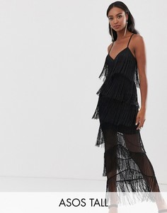 Облегающее платье макси с бахромой ASOS DESIGN Tall-Черный