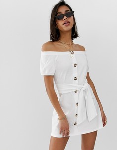 Меланжевый сарафан на пуговицах с широким вырезом ASOS DESIGN-Белый