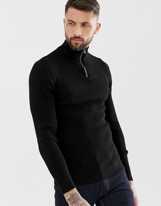 Черный обтягивающий джемпер в рубчик с воротом на молнии ASOS DESIGN