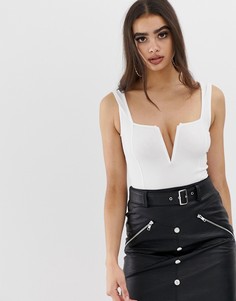 Боди без рукавов с глубоким вырезом ASOS DESIGN-Кремовый