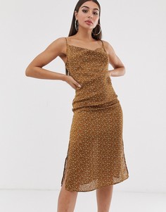 Коричневое атласное платье в горошек Missguided-Мульти