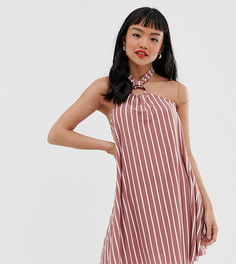 Свободное платье-халтер мини в полоску с черепаховым кольцом ASOS DESIGN Petite-Мульти