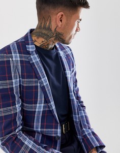 Синий приталенный блейзер в клетку из материала с добавлением льна ASOS DESIGN