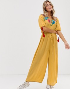 Комбинезон с вышивкой и завязками на рукавах ASOS DESIGN-Желтый