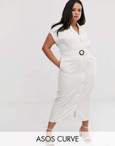 Джинсовое платье-рубашка миди с открытой спиной и поясом ASOS DESIGN Curve-Белый