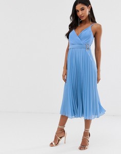 Плиссированное платье миди на тонких бретельках с поясом ASOS DESIGN-Мульти