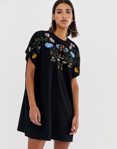 Платье-футболка в стиле oversize с вышивкой ASOS DESIGN-Розовый