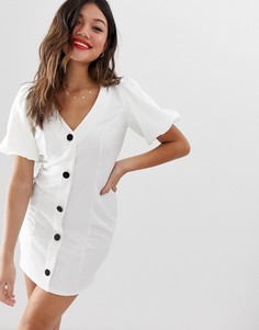 Платье мини с пышными рукавами и контрастными пуговицами ASOS DESIGN-Белый