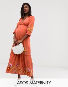Платье макси с глубоким вырезом и вышивкой ASOS DESIGN Maternity-Розовый