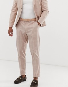 Зауженные брюки в клетку кремового цвета из ткани с добавлением льна ASOS DESIGN-Кремовый
