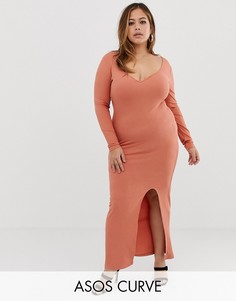 Платье макси в рубчик с вырезом сердечком и разрезом ASOS DESIGN-Оранжевый