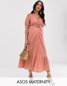 Платье макси с вышивкой ришелье и оборками ASOS DESIGN Maternity-Розовый