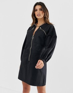Платье мини в стиле милитари с молниями ASOS DESIGN-Черный
