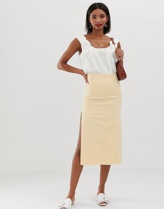 Джинсовая юбка миди с завышенной талией ASOS DESIGN-Светло-бежевый