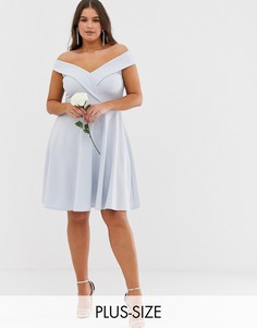 Короткое приталенное платье со спущенными плечами Club L Plus bridesmaid-Синий