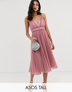 Платье миди из тюля с плиссировкой ASOS DESIGN Tall-Розовый