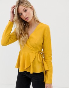 Лонгслив с запахом и баской из ткани с добавлением льна ASOS DESIGN-Желтый