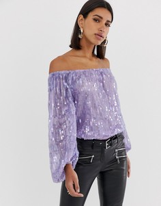 Фиолетовый фестивальный боди со спущенными плечами и пайетками ASOS DESIGN