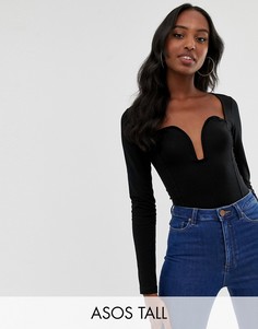 Боди с длинными рукавами и глубоким вырезом ASOS DESIGN Tall-Черный