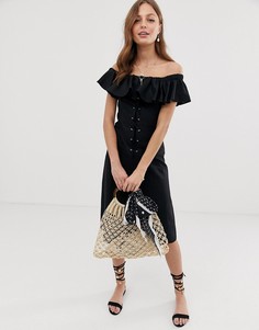Платье миди из ткани на основе льна с открытыми плечами ASOS DESIGN-Черный