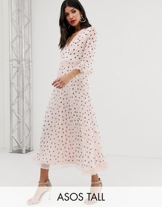 Платье миди в горошек с кружевной отделкой и плиссированной юбкой ASOS DESIGN Tall-Мульти