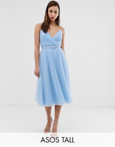 Плиссированное платье миди из тюля с поясом ASOS DESIGN Tall-Синий