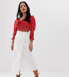 Джинсовая юбка миди кремового цвета с запахом и завязкой ASOS DESIGN Petite-Белый