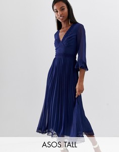 Платье миди с плиссировкой и кружевными вставками ASOS DESIGN Tall-Темно-синий